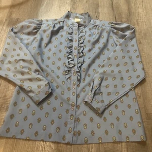Vintage 1970s Jantzen Blue Paisley Frilly Collar Blouse Buttons Size 16 Boho - Picture 1 of 8