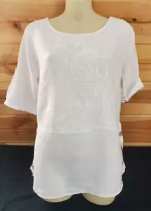 Lungo L'Arno 100% Linen White Embroidered Adjustable Sleeve Large Top floral - Picture 1 of 8