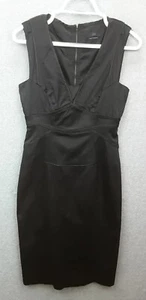 Vintage Cue Size 8 Black Sleeveless Lined V-neck Satin Finish Body Hugging Dress - Picture 1 of 11