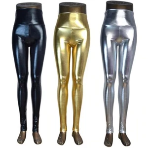 Shiny Metallic Faux Leather Leggings Sexy Dance Disco Clubwear Elastic Pants - Picture 1 of 15