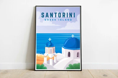 Santorini travel poster, Santorini print, Greece retro travel print, city print - Image 1 of 4