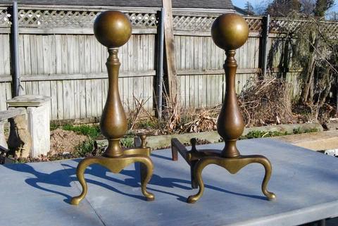 Original Antique 1860's Rostand Brass Cannonball Fireplace Andirons Balt Salvage Cover