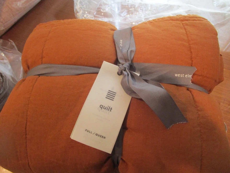 West Elm European flax Linen flax quilt box stitch rust full queen  New - Image 1 of 1