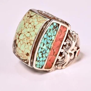 Men's Large Bezel Set Turquoise Coral Silver Southwestern Ring Sz 9 - Picture 1 of 7