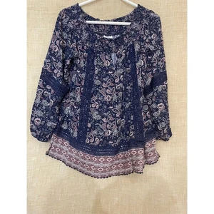 Knox Rose Womens XL Bohemian Paisley Print Long Sleeve Peasant Top BOHO - Picture 1 of 9