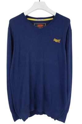 SUPERDRY Cashmere Blend Jumper Men's XL Blue V-Neck Knitted Logo Pullover - Image 1 of 4