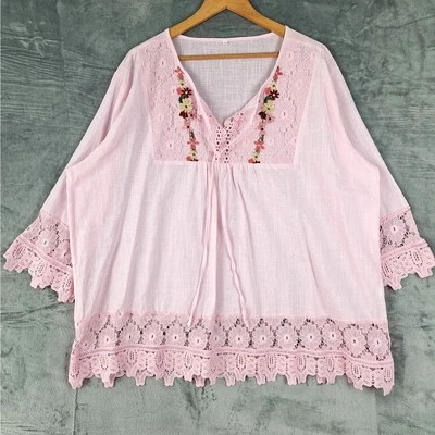 Womens Top 4XL Boho Crochet Floral Lace Peasant Hippie Festival Beach Coastal - Image 1 of 4