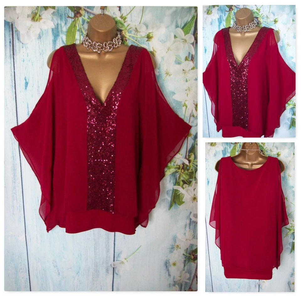 WALLIS KIMONO TOP L 16/18, Stunning Berry Red Sequin Chiffon Overlay Occasion - Image 1 of 4