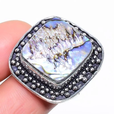 Кольцо из стерлингового серебра 925 пробы с натуральным драгоценным камнем абалоном размер 8,5 K068 - Изображение 1 из 4