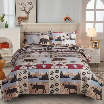 Rustic Quilt Queen/Full Size, Lodge Cabin Bedding Set Moose Bear Bedspread Co... - Image 1 of 4