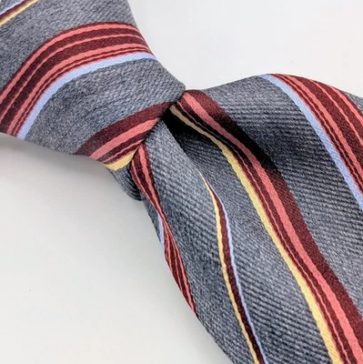 CANALI 灰色红色黄色蓝色条纹斜纹纹理厚编织丝绸领带意大利 — 第 1/4 张图片