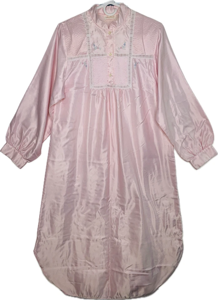 Camisón vintage Barbizon manga larga rosa satinado encaje flores para mujer’s M Foto 1 de 4