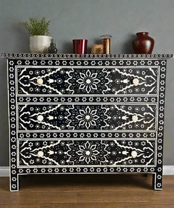 Black Bone Inlay Dresser – Handmade Floral 3-Drawer Indian Storage Chest Drawer - Picture 1 of 11