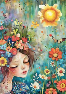 ACEO Artist Trading Card 2.5x3.5 Mini Art Print Girl Butterfly Flower Scene ATC - Picture 1 of 3