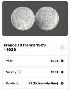Francia 10 Franchi, 1931 - Moneta Argento - Coniata a Parigi - XF - Foto 1 di 3
