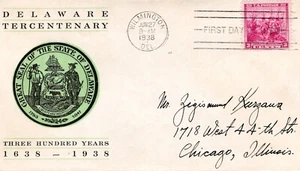 1938 #836 DELAWARE (SWEDES AND FINNS) FDC W/ LINPRINT CACHET IN GREEN TO CHICAGO - Picture 1 of 2