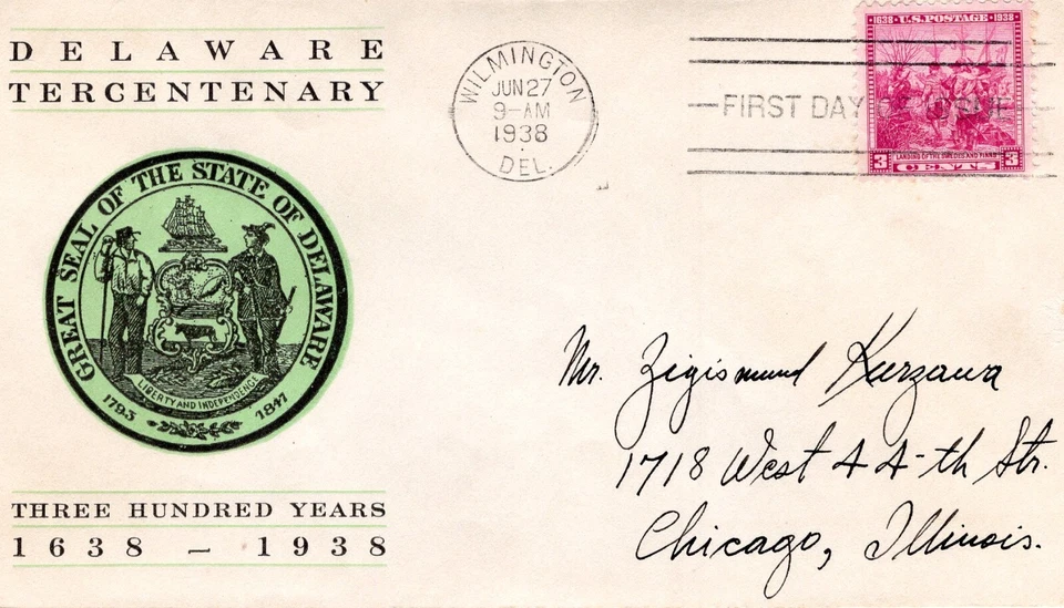 1938 #836 DELAWARE (SWEDES AND FINNS) FDC W/ LINPRINT CACHET IN GREEN TO CHICAGO - Image 1 of 2