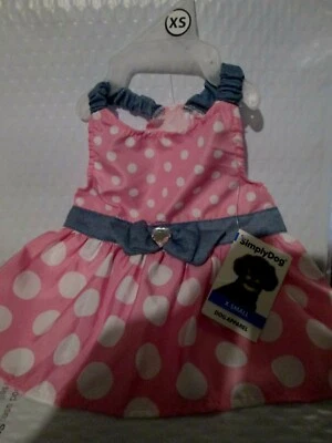 Simply DOG Pink Polka Dot Party Dress Denim Accents Rhinestone Heart XS 12"-14" - Image 1 of 4