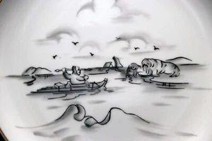 Placa de arte vintage Robert Mayokok Alaska Inuit Esquimal Caza de morsas 8". c 1960 - Imagen 1 de 4