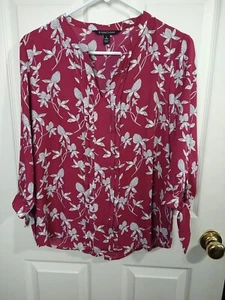 Hawthorn WomanMP Blouse Burgundy Grey Floral 3/4 Slit Tie Sleeve V Neck Pullover - Picture 1 of 10