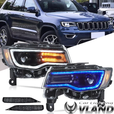 Clear Fit Jeep Grand Cherokee 2014-2022 LED Headlights DRL w/ Blue Animation L+R - Image 1 of 4