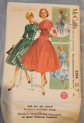 Mccalls #3394 "Easy"Fit Flare Drop Waist Dress Sz 14 B 32 FF Sew Pattern Vtg 55' - Image 1 of 4