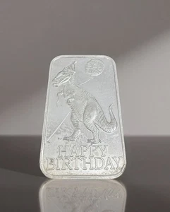 Vintage Happy Birthday Tyrannosaurus Rex T-Rex 1oz .999 Silver Art Bar - Picture 1 of 4