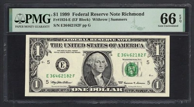United States-Federal Reserve 1 Dollar 1999 Fr#1924-E (EF Block) UNC Grade 66 - Image 1 of 2