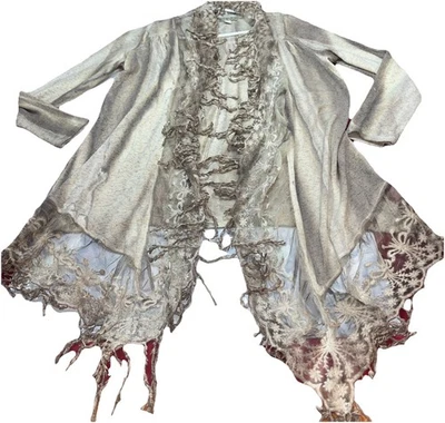 One World Beige Tan Knit Lace Fringe Waterfall Linen Cardigan Open Sweater Large - Image 1 of 4