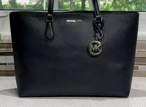 MICHAEL KORS SHEILA LARGE LAPTOP TOTE SHOULDER MULTIFUNCTION BLACK LEATHER GOLD - Picture 1 of 12