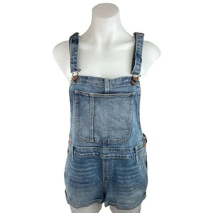 Old Navy Blue Medium Wash Cuffed Stretch Denim Bib Romper Shorts Overalls Size S - Picture 1 of 4