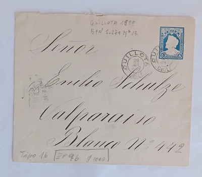 Chile 1901 – Stationery – Cover – EP 9 b – Columbus – 5 Cts - blue – Quillota - Image 1 of 4