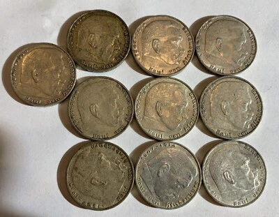 WWII 2 Mark German Silver Coin Third Reich Reichsmark  X 10 Coins Lot - Image 1 of 2