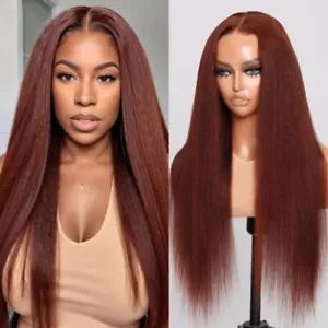 UNice Bye Bye Knots Glueless Wig Reddish Brown Yaki Straight Lace Human Hair Wig - Picture 1 of 14