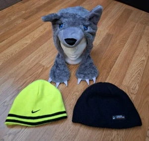 Lot of 3 Winter Wolf Hat Double-Sided Nike Blue Bonnet Beanies Caps Kids Small - Picture 1 of 9