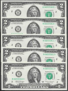 ⭐️ NEW Uncirculated Two Dollar Bill $2 Sequential Star Notes Lot of 5 ⭐️ - Picture 1 of 4