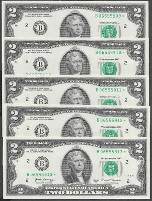 ⭐️ NEW Uncirculated Two Dollar Bill $2 Sequential Star Notes Lot of 5 ⭐️ - Image 1 of 4