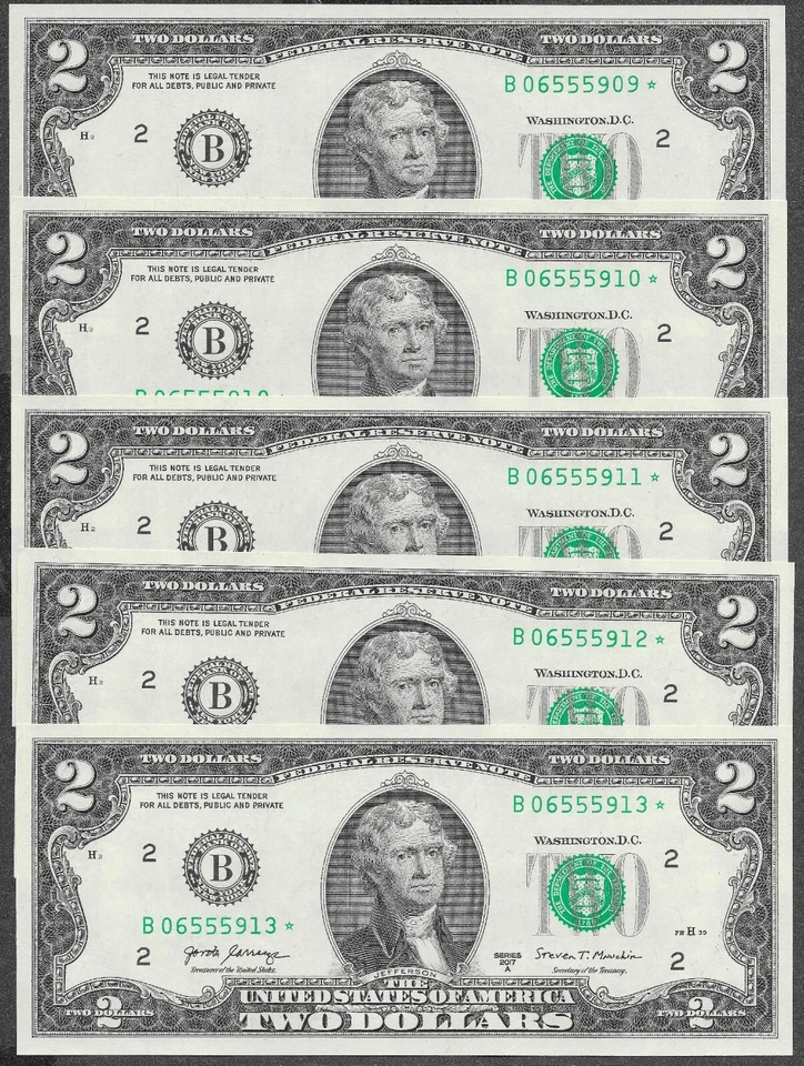 ⭐️ NEW Uncirculated Two Dollar Bill $2 Sequential Star Notes Lot of 5 ⭐️ - Image 1 of 4