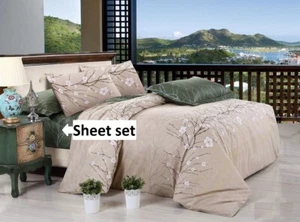 Dark Green Cherry Cotton Sheet Set: 1 Flat Sheet 1 Fitted Sheet 2 Pillowcases - Picture 1 of 4