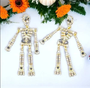 Silver plated orange black and white crystal skeleton earrings with silver post - Picture 1 of 15