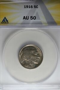 1916 .05  ANACS  AU 50  Buffalo Nickel, Indian Nickel, 5 Cent Piece