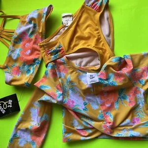 New Art Class Yellow Floral Bikini Stripe 3 Pcs Swimsuit size (s 6/6X) new - Picture 1 of 4