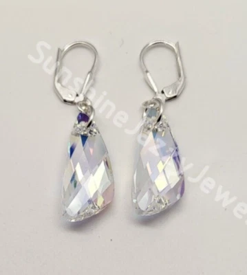 Made w/ Sterling Silver Swarovski Crystal Clear AB Angel Wing Earrings Leverback - Image 1 of 2