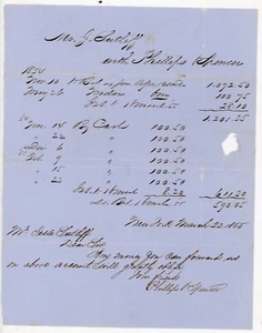 1855 Handwritten Financial Statement % Phillips Spencer 2 J Sutliff New York NY - Picture 1 of 2