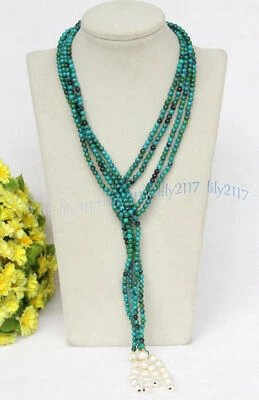 Ожерелье с 2 нитями натурального 4 мм зеленого азурита хризоколлы белого пресноводного жемчуга - Изображение 1 из 4