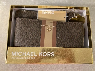 Michael Kors MK Signature Logo Belt Bag Purse S/M Brown w/Stripe NEW w/Tags $98 - Image 1 of 4