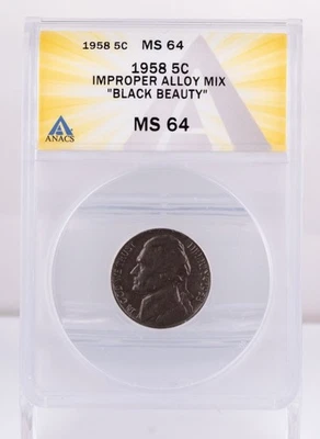 Error 1958 Jefferson Nickel ANACS MS64 "Black Beauty" Improper Alloy Mix 5c  - Image 1 of 4