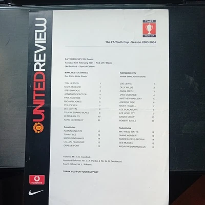 2003/2004 17/2/2004 FA Youth Cup 5th Rd Manchester United v Norwich City - Image 1 of 2