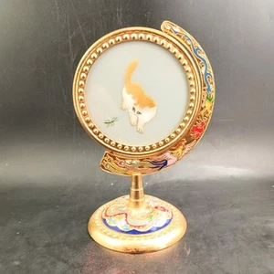 Suzhou Chinese Silk Embroidered Cat/Bug Cloisonné Enamel Metal Spin Stand, OBO - Picture 1 of 10