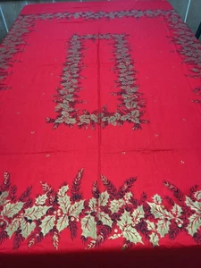 Vtg Red and Gold Holly Christmas Tablecloth 58"x80”………..b8 - Picture 1 of 6